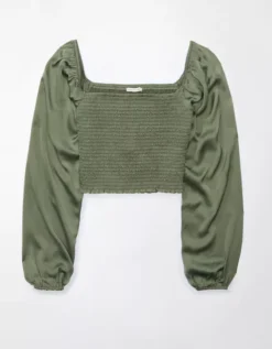 AE Smocked Satin Long-Sleeve Shirt -Aeri Clothing Shop 0358 5319 309 f